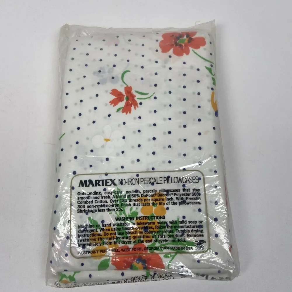 Martex No-Iron Percale Pillowcases Standard 20”x26” Floral/Dot Qty 2 Vintage NOS